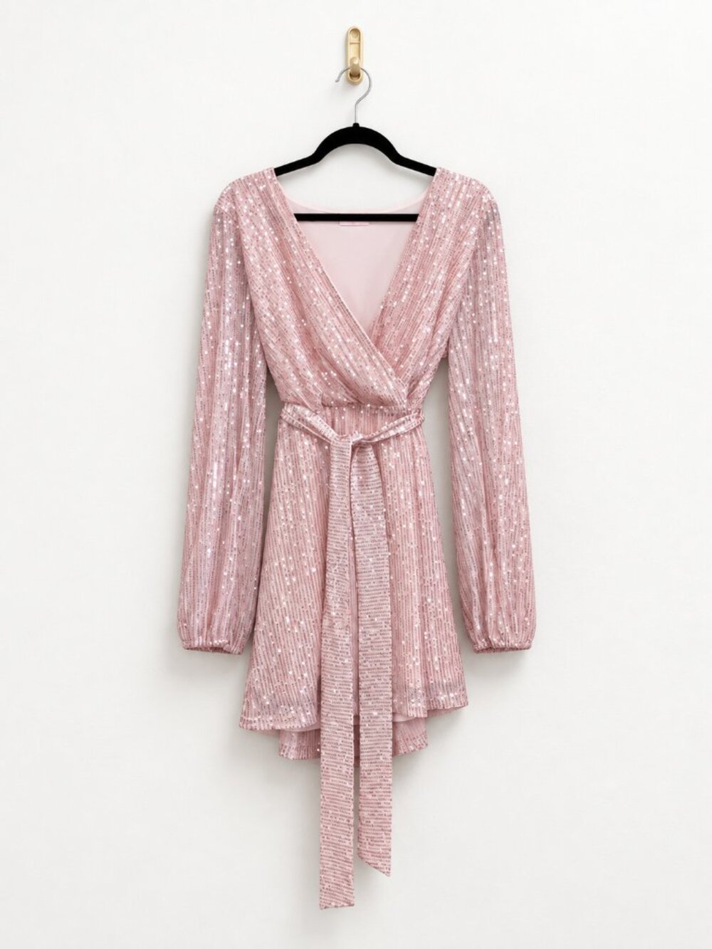 Pink Lily Long-Sleeve Wrap V-Neck Tie-Waist Seqin Mini Dress